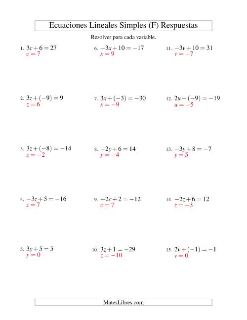La hoja de ejercicios de Resolver Ecuaciones Lineales de la Forma ax + b = c con Valores Negativos (F) Página 2