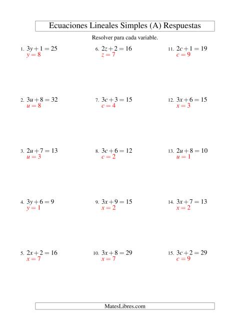 La hoja de ejercicios de Resolver Ecuaciones Lineales de la Forma ax + b = c sin Valores Negativos (Todas) Página 2