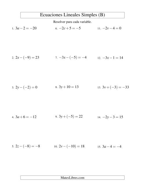 La hoja de ejercicios de Resolver Ecuaciones Lineales de la Forma ax ± b = c con Valores Negativos (B)