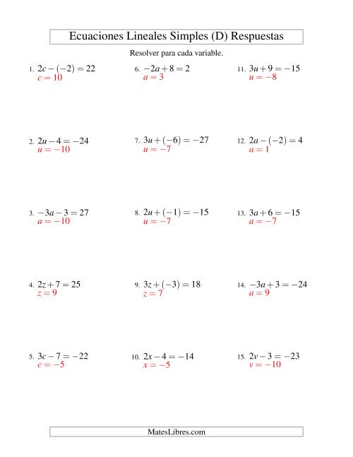 La hoja de ejercicios de Resolver Ecuaciones Lineales de la Forma ax ± b = c con Valores Negativos (D) Página 2