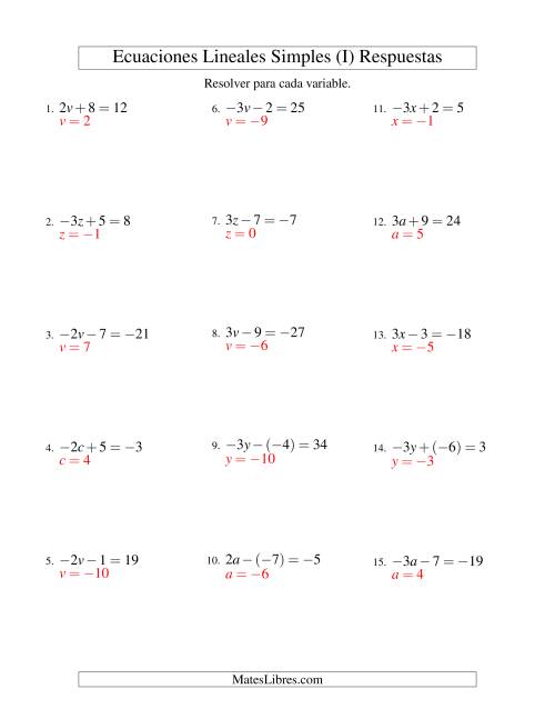 La hoja de ejercicios de Resolver Ecuaciones Lineales de la Forma ax ± b = c con Valores Negativos (I) Página 2