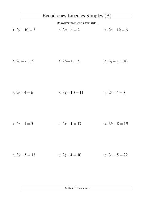 La hoja de ejercicios de Resolver Ecuaciones Lineales de la Forma ax - b = c sin Valores Negativos (B)