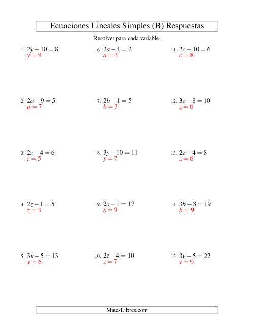 La hoja de ejercicios de Resolver Ecuaciones Lineales de la Forma ax - b = c sin Valores Negativos (B) Página 2