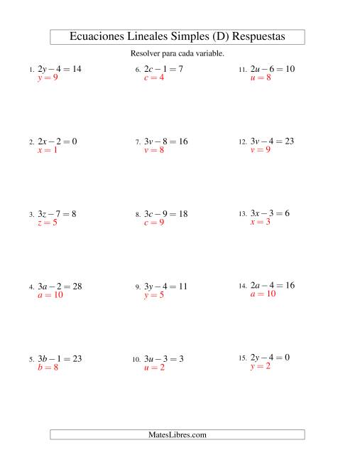 La hoja de ejercicios de Resolver Ecuaciones Lineales de la Forma ax - b = c sin Valores Negativos (D) Página 2