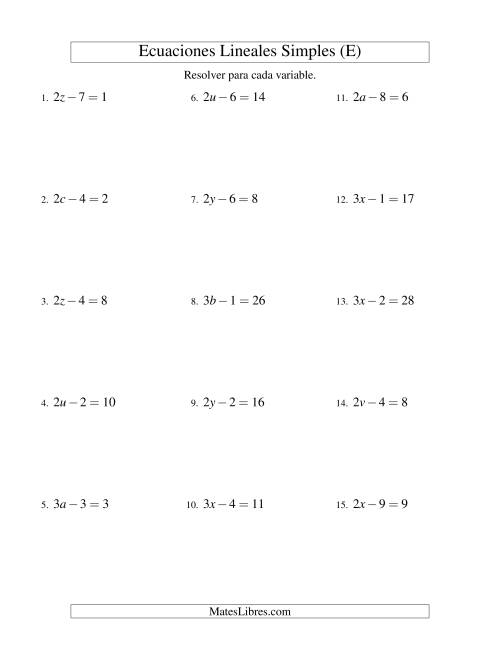 La hoja de ejercicios de Resolver Ecuaciones Lineales de la Forma ax - b = c sin Valores Negativos (E)