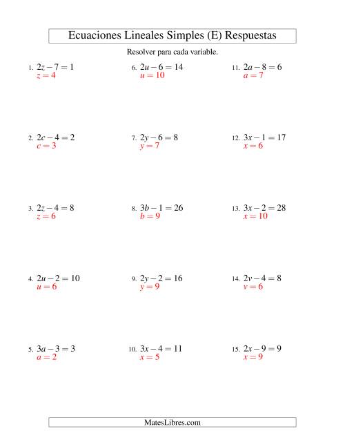 La hoja de ejercicios de Resolver Ecuaciones Lineales de la Forma ax - b = c sin Valores Negativos (E) Página 2