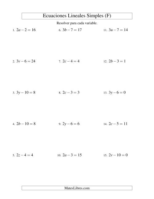 La hoja de ejercicios de Resolver Ecuaciones Lineales de la Forma ax - b = c sin Valores Negativos (F)
