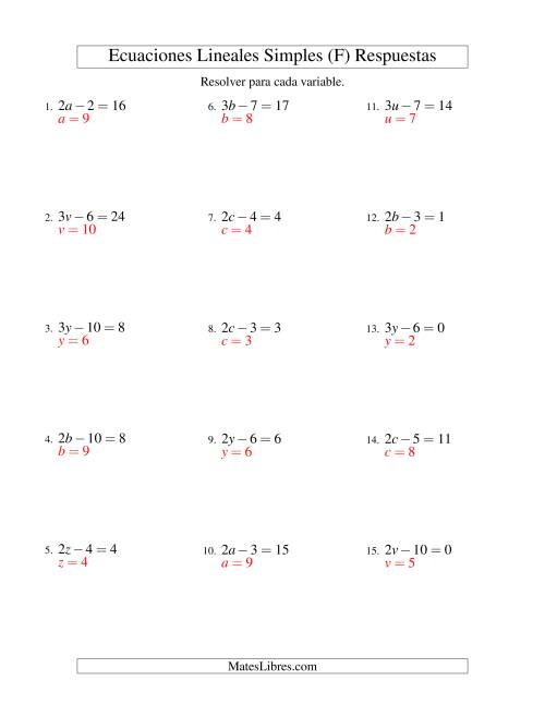 La hoja de ejercicios de Resolver Ecuaciones Lineales de la Forma ax - b = c sin Valores Negativos (F) Página 2