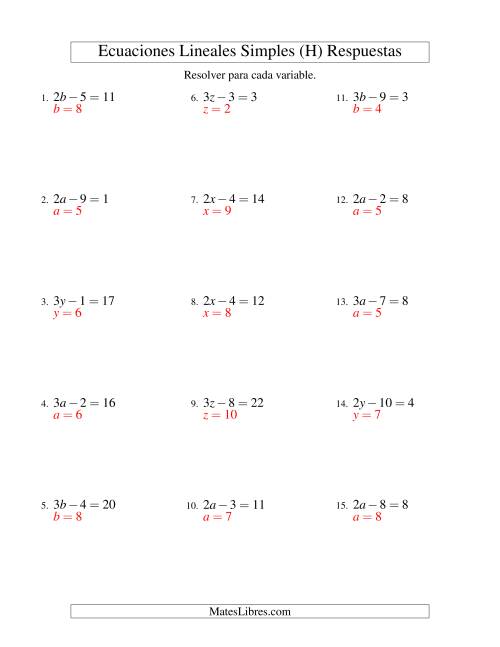 La hoja de ejercicios de Resolver Ecuaciones Lineales de la Forma ax - b = c sin Valores Negativos (H) Página 2