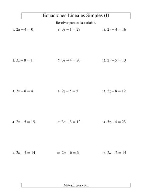 La hoja de ejercicios de Resolver Ecuaciones Lineales de la Forma ax - b = c sin Valores Negativos (I)