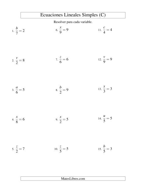 La hoja de ejercicios de Resolver Ecuaciones Lineales de la Forma x/a = c sin Valores Negativos (C)
