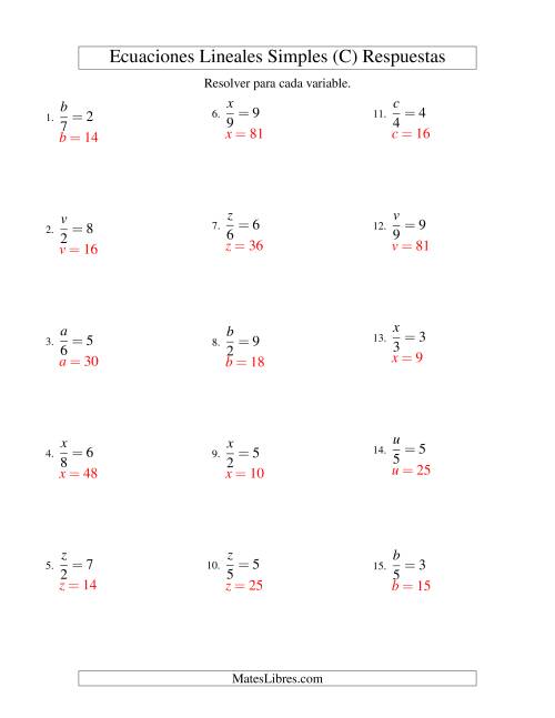 La hoja de ejercicios de Resolver Ecuaciones Lineales de la Forma x/a = c sin Valores Negativos (C) Página 2