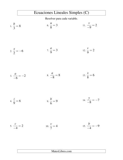 La hoja de ejercicios de Resolver Ecuaciones Lineales de la Forma x/a = c con Valores Negativos (C)
