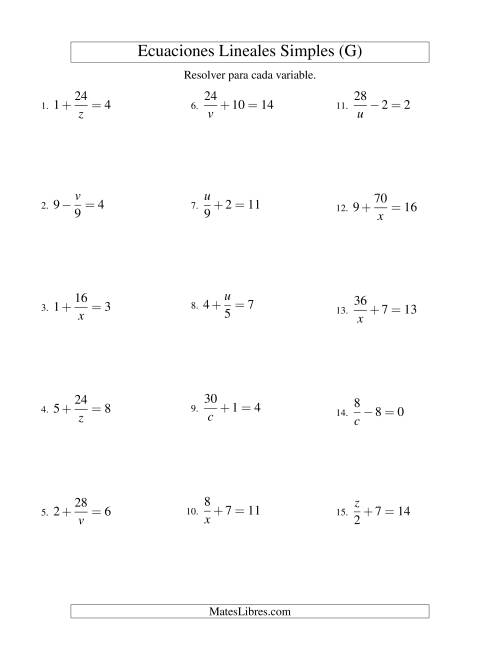La hoja de ejercicios de Resolver Ecuaciones Lineales de las Formas x/a ± b = c   y   a/x ± b = c sin Valores Negativos (G)
