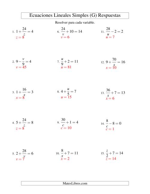 La hoja de ejercicios de Resolver Ecuaciones Lineales de las Formas x/a ± b = c   y   a/x ± b = c sin Valores Negativos (G) Página 2