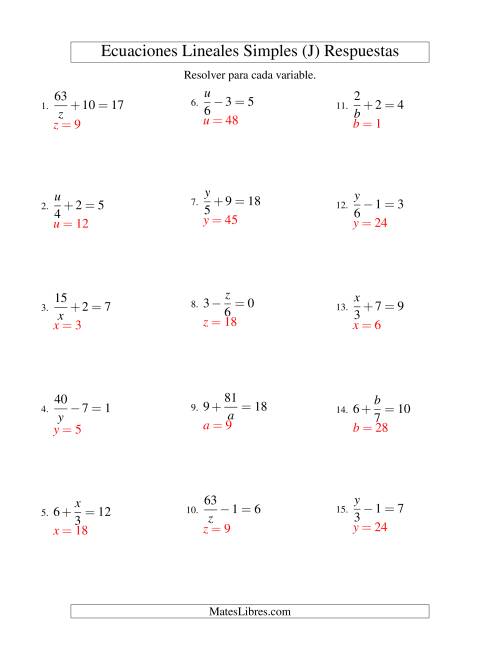La hoja de ejercicios de Resolver Ecuaciones Lineales de las Formas x/a ± b = c   y   a/x ± b = c sin Valores Negativos (J) Página 2