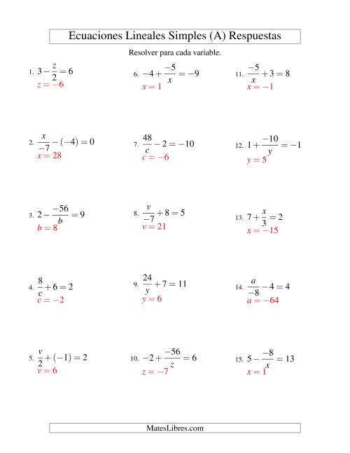La hoja de ejercicios de Resolver Ecuaciones Lineales de las Formas x/a ± b = c   y   a/x ± b = c con Valores Negativos (A) Página 2