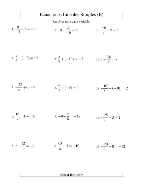 La hoja de ejercicios de Resolver Ecuaciones Lineales de las Formas x/a ± b = c   y   a/x ± b = c con Valores Negativos (E)