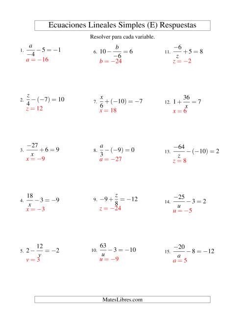 La hoja de ejercicios de Resolver Ecuaciones Lineales de las Formas x/a ± b = c   y   a/x ± b = c con Valores Negativos (E) Página 2