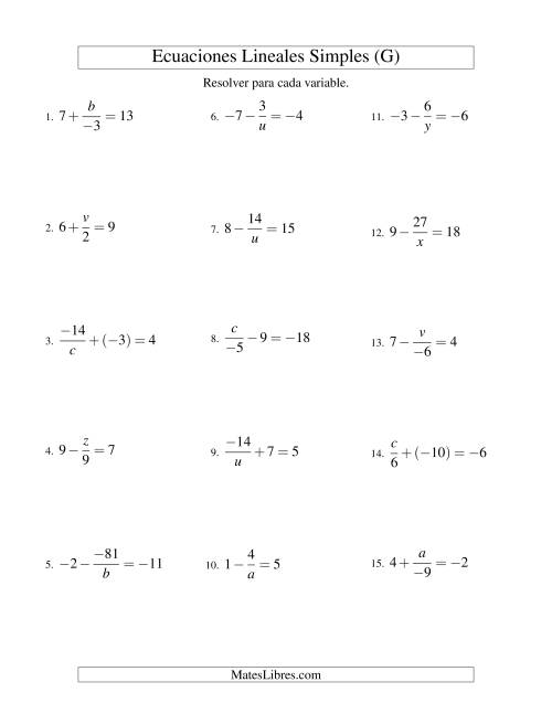 La hoja de ejercicios de Resolver Ecuaciones Lineales de las Formas x/a ± b = c   y   a/x ± b = c con Valores Negativos (G)