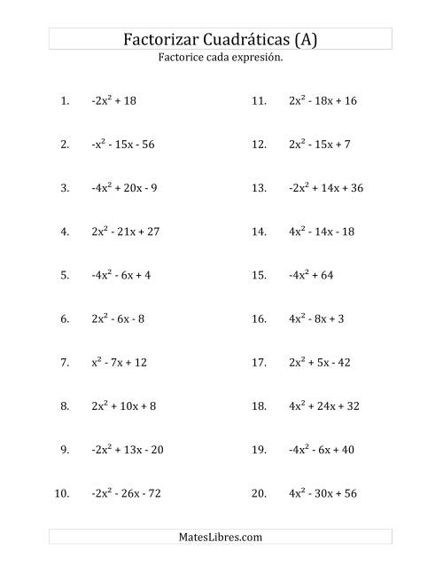 La hoja de ejercicios de Factorizar Expresiones Cuadráticas con Coeficientes Principales entre -4 y 4 (A)