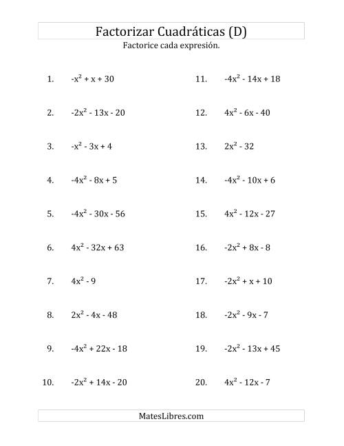 La hoja de ejercicios de Factorizar Expresiones Cuadráticas con Coeficientes Principales entre -4 y 4 (D)