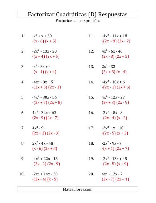 La hoja de ejercicios de Factorizar Expresiones Cuadráticas con Coeficientes Principales entre -4 y 4 (D) Página 2