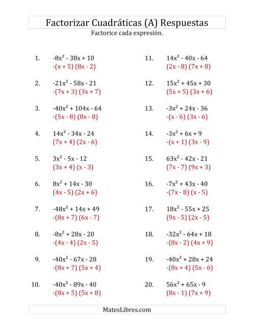 La hoja de ejercicios de Factorizar Expresiones Cuadráticas con Coeficientes Principales entre -81 y 81 (A) Página 2