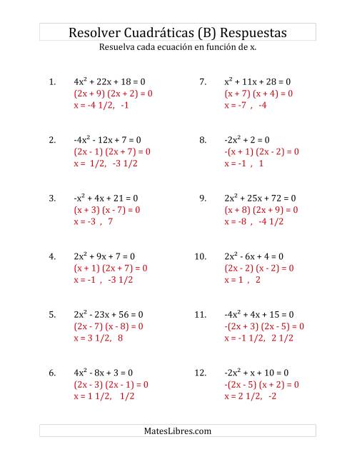 La hoja de ejercicios de Resolver Ecuaciones Cuadráticas Iguales a Cero, con Coeficientes Principales entre -4 y 4 (B) Página 2