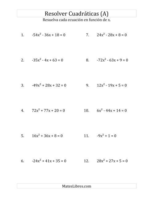 La hoja de ejercicios de Resolver Ecuaciones Cuadráticas Iguales a Cero, con Coeficientes Principales entre -81 y 81 (A)