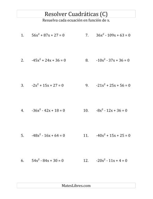 La hoja de ejercicios de Resolver Ecuaciones Cuadráticas Iguales a Cero, con Coeficientes Principales entre -81 y 81 (C)