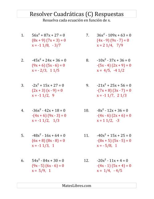 La hoja de ejercicios de Resolver Ecuaciones Cuadráticas Iguales a Cero, con Coeficientes Principales entre -81 y 81 (C) Página 2