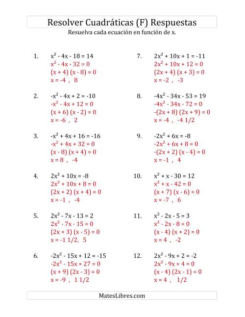 La hoja de ejercicios de Resolver Ecuaciones Cuadráticas Iguales a Un Número Entero, con Coeficientes Principales entre -4 y 4 (F) Página 2