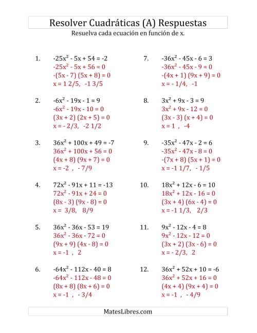 La hoja de ejercicios de Resolver Ecuaciones Cuadráticas Iguales a Un Número Entero, con Coeficientes Principales entre -81 y 81 (A) Página 2