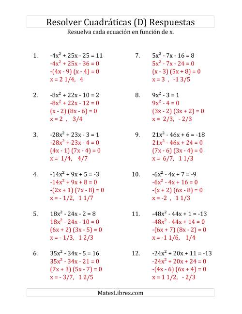 La hoja de ejercicios de Resolver Ecuaciones Cuadráticas Iguales a Un Número Entero, con Coeficientes Principales entre -81 y 81 (D) Página 2