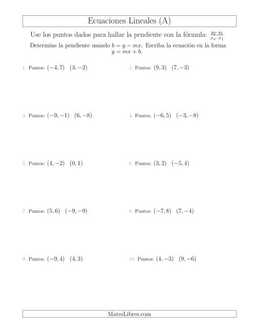 La hoja de ejercicios de Escribir una ecuación lineal a partir de dos puntos (A)