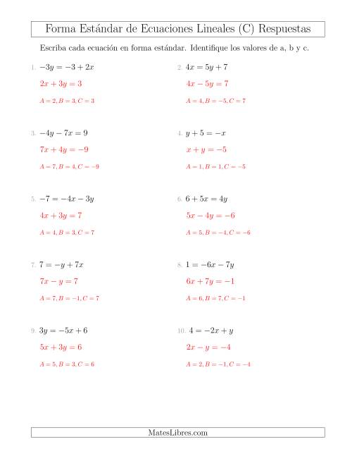 La hoja de ejercicios de Reescribir Ecuaciones Lineales en Forma Estándar (C) Página 2