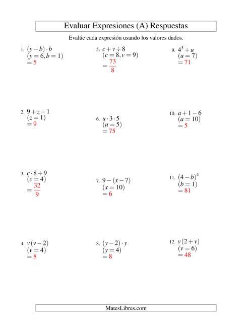 La hoja de ejercicios de Evaluar Expresiones Algebraicas, Dos Variables, Dos Pasos (Todas) Página 2