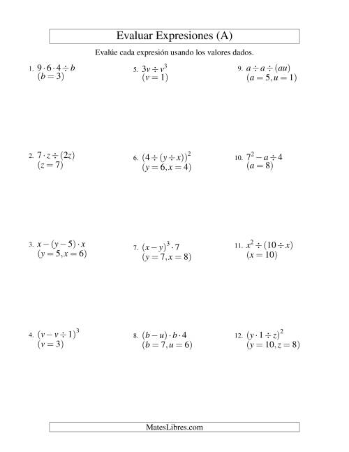 La hoja de ejercicios de Evaluar Expresiones Algebraicas, Dos Variables, Tres Pasos (Todas)