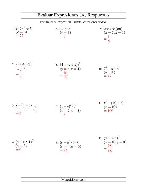 La hoja de ejercicios de Evaluar Expresiones Algebraicas, Dos Variables, Tres Pasos (Todas) Página 2