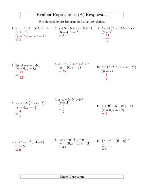 La hoja de ejercicios de Evaluar Expresiones Algebraicas, Tres Variables, Cinco Pasos (Todas) Página 2