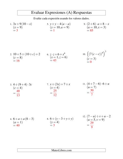 La hoja de ejercicios de Evaluar Expresiones Algebraicas, Tres Variables, Cuatro Pasos (A) Página 2