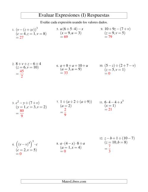 La hoja de ejercicios de Evaluar Expresiones Algebraicas, Tres Variables, Cuatro Pasos (I) Página 2
