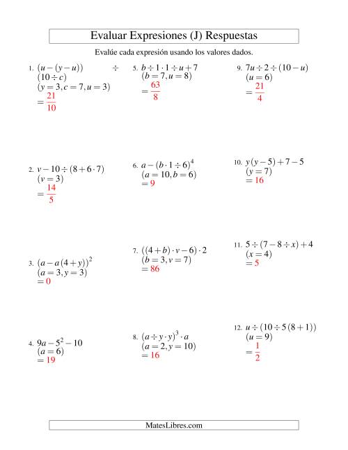 La hoja de ejercicios de Evaluar Expresiones Algebraicas, Tres Variables, Cuatro Pasos (J) Página 2