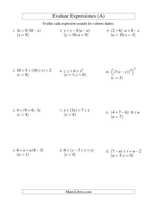 La hoja de ejercicios de Evaluar Expresiones Algebraicas, Tres Variables, Cuatro Pasos (Todas)
