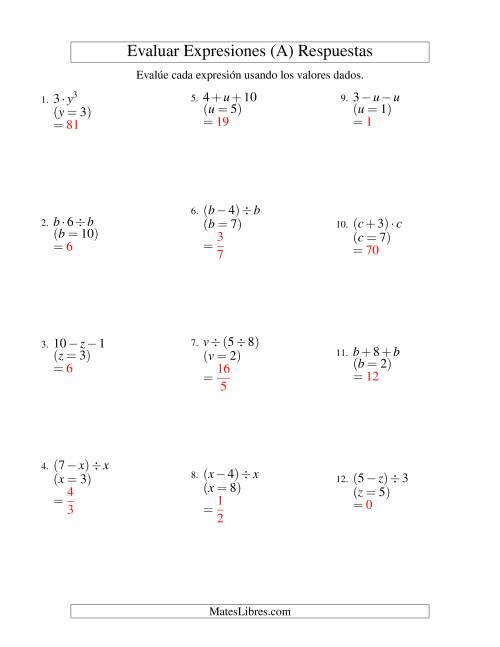 La hoja de ejercicios de Evaluar Expresiones Algebraicas, Una Variable, Dos Pasos (A) Página 2
