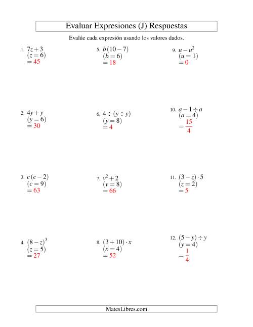La hoja de ejercicios de Evaluar Expresiones Algebraicas, Una Variable, Dos Pasos (J) Página 2