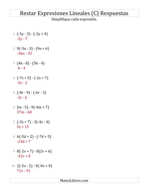 La hoja de ejercicios de Restar y Simplificar Expresiones Lineales con Algunos Multiplicadores (C) Página 2