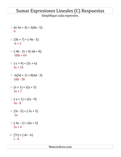 La hoja de ejercicios de Sumar y Simplificar Expresiones Lineales con Algunos Multiplicadores (C) Página 2