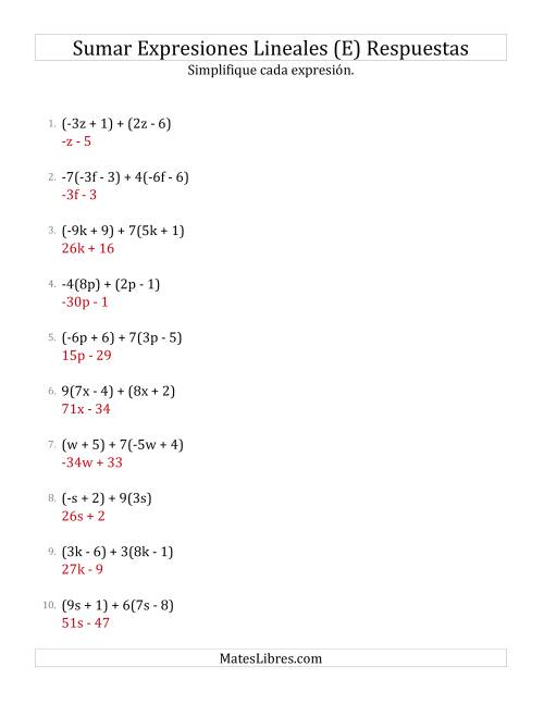 La hoja de ejercicios de Sumar y Simplificar Expresiones Lineales con Algunos Multiplicadores (E) Página 2